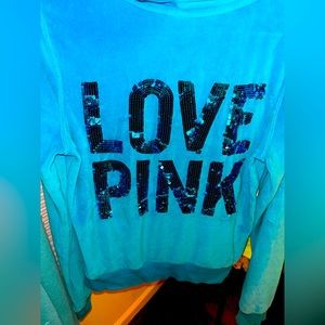 PINK Victoria's Secret Teal Blue Sequin 'LOVE PINK' Hoodie